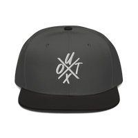 Front view of a charcoal grey and black bitcoin snapback hat.