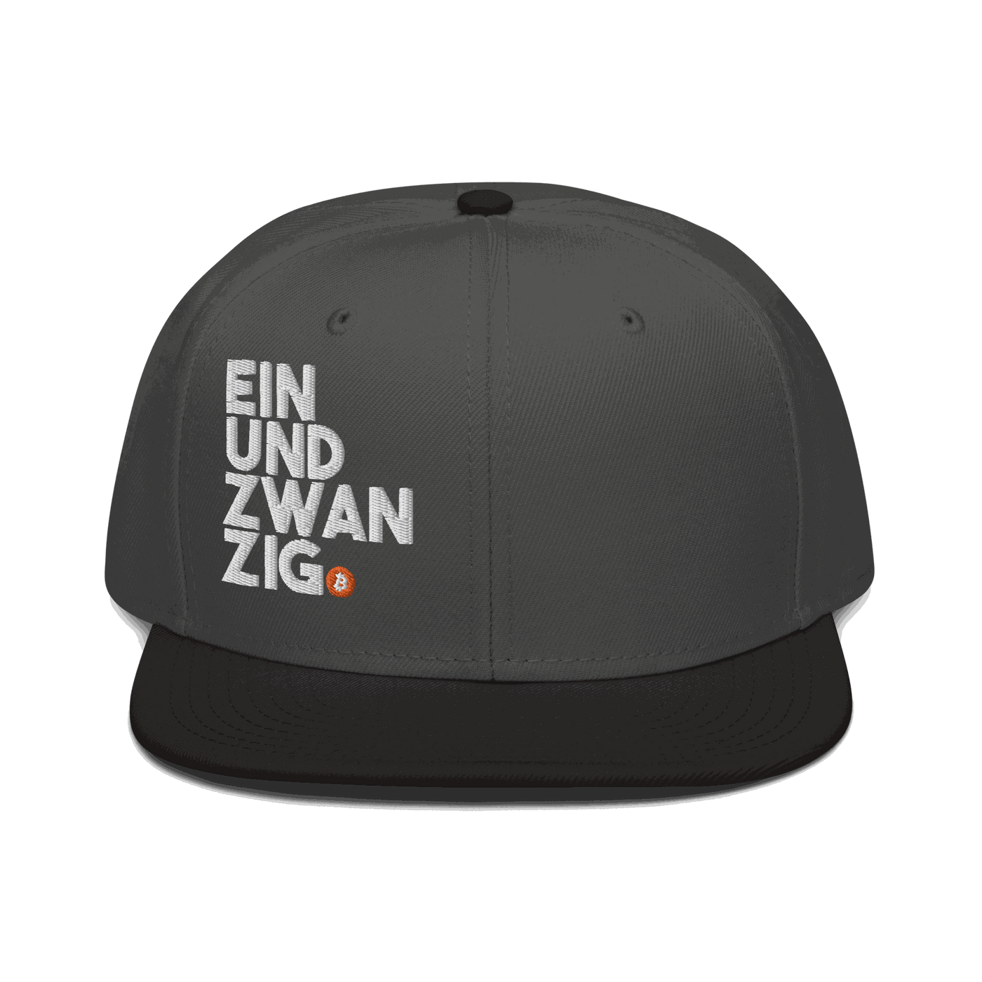Black Einundzwanzig Bitcoin snapback hat with flat visor and grey under visor