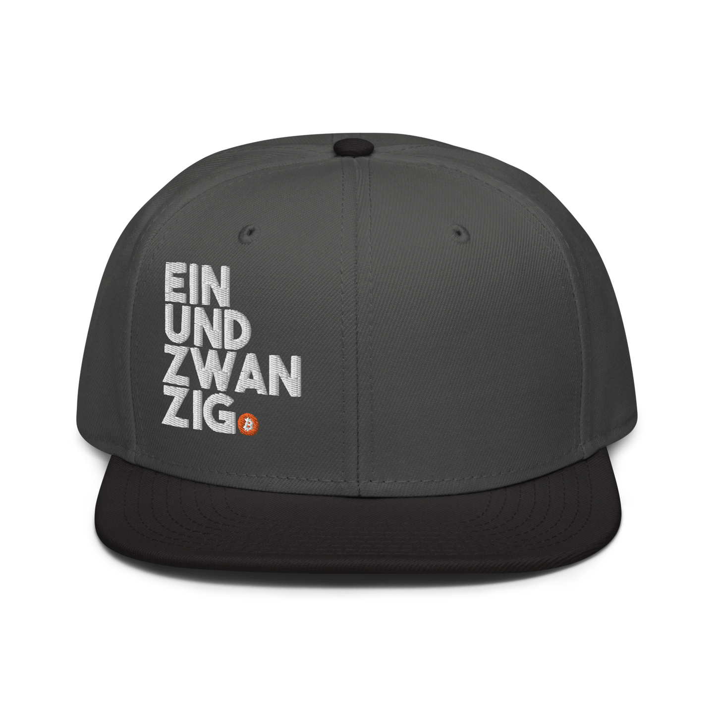 Front view of a charcoal grey and black bitcoin snapback hat.