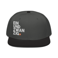 Black Einundzwanzig Bitcoin snapback hat with flat visor and grey under visor