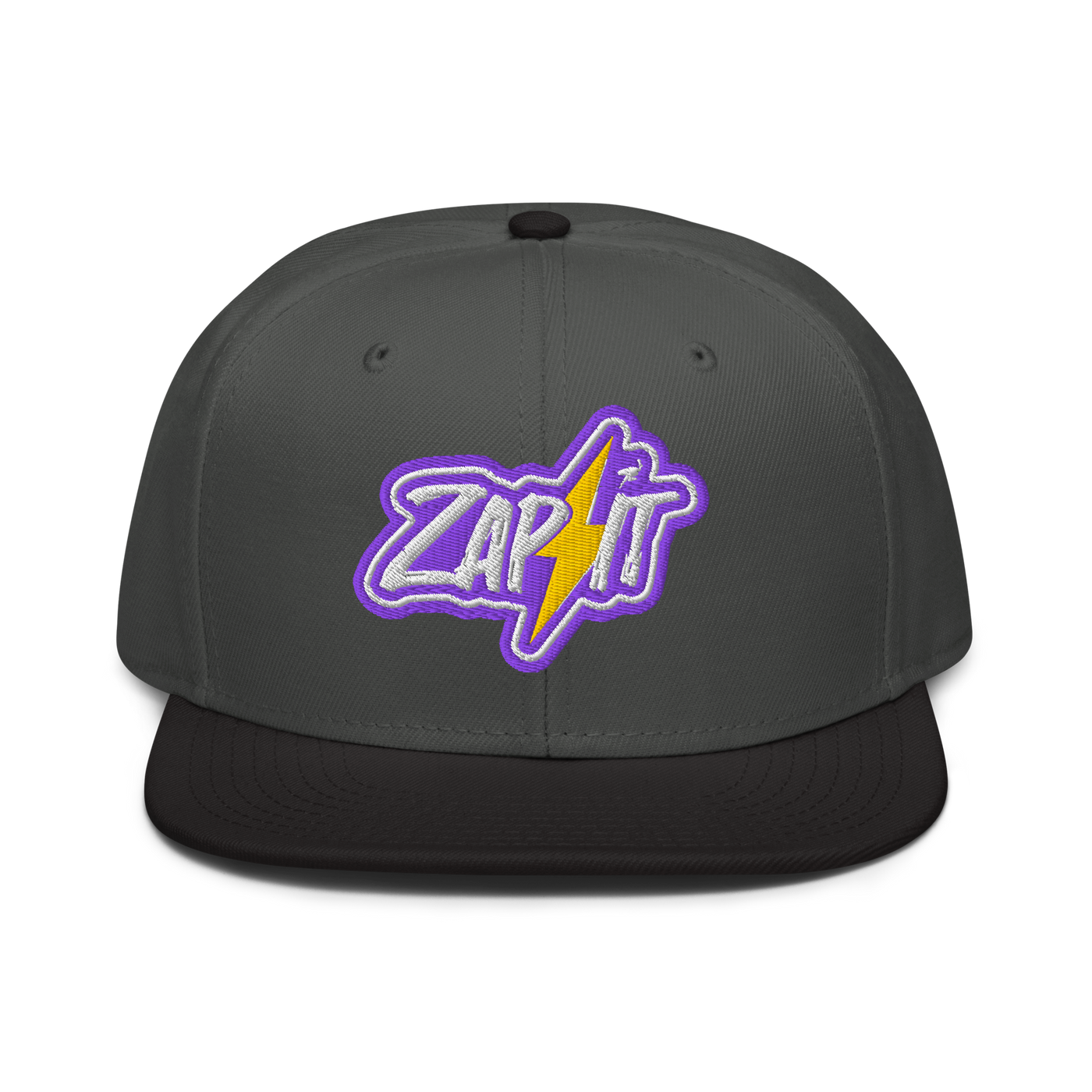 Zap It nostr snapback hat in Black / Charcoal gray / Charcoal gray, front view.