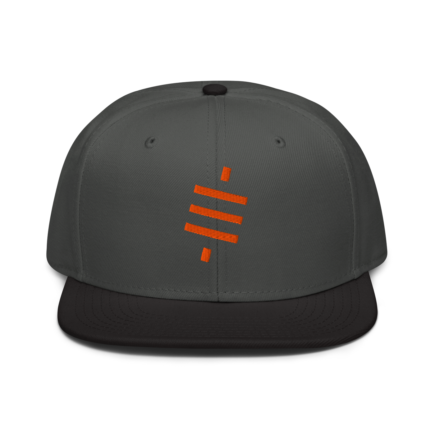 Sats Symbol bitcoin snapback hat in Black / Charcoal gray / Charcoal gray, front view.