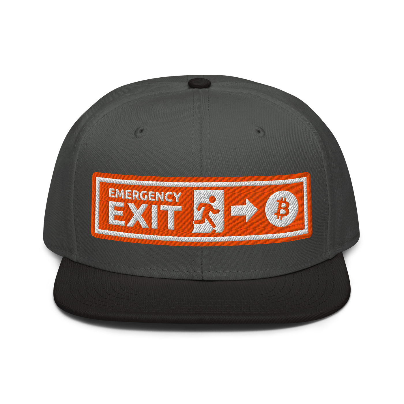 Emergency Exit bitcoin snapback hat in Black / Charcoal gray / Charcoal gray, front view.