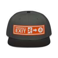 Emergency Exit bitcoin snapback hat in Black / Charcoal gray / Charcoal gray, front view.