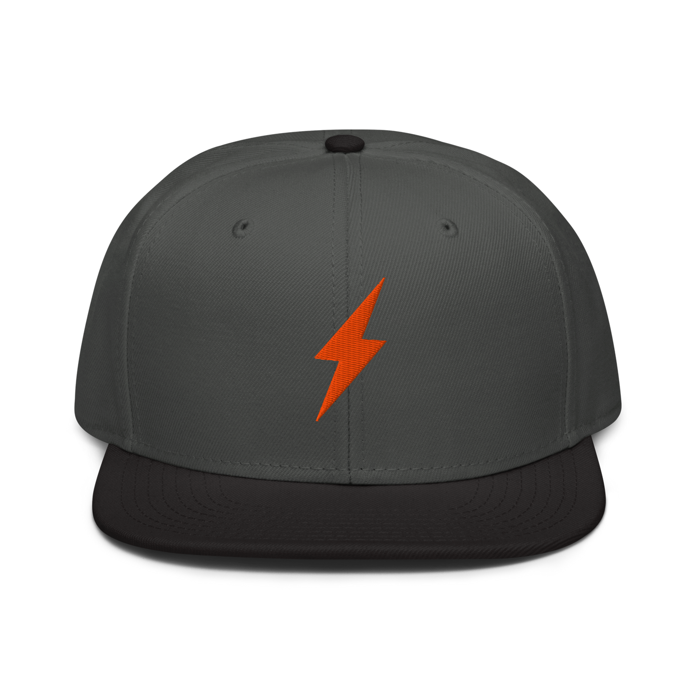 Lightning bitcoin snapback hat in Black / Charcoal gray / Charcoal gray, front view.