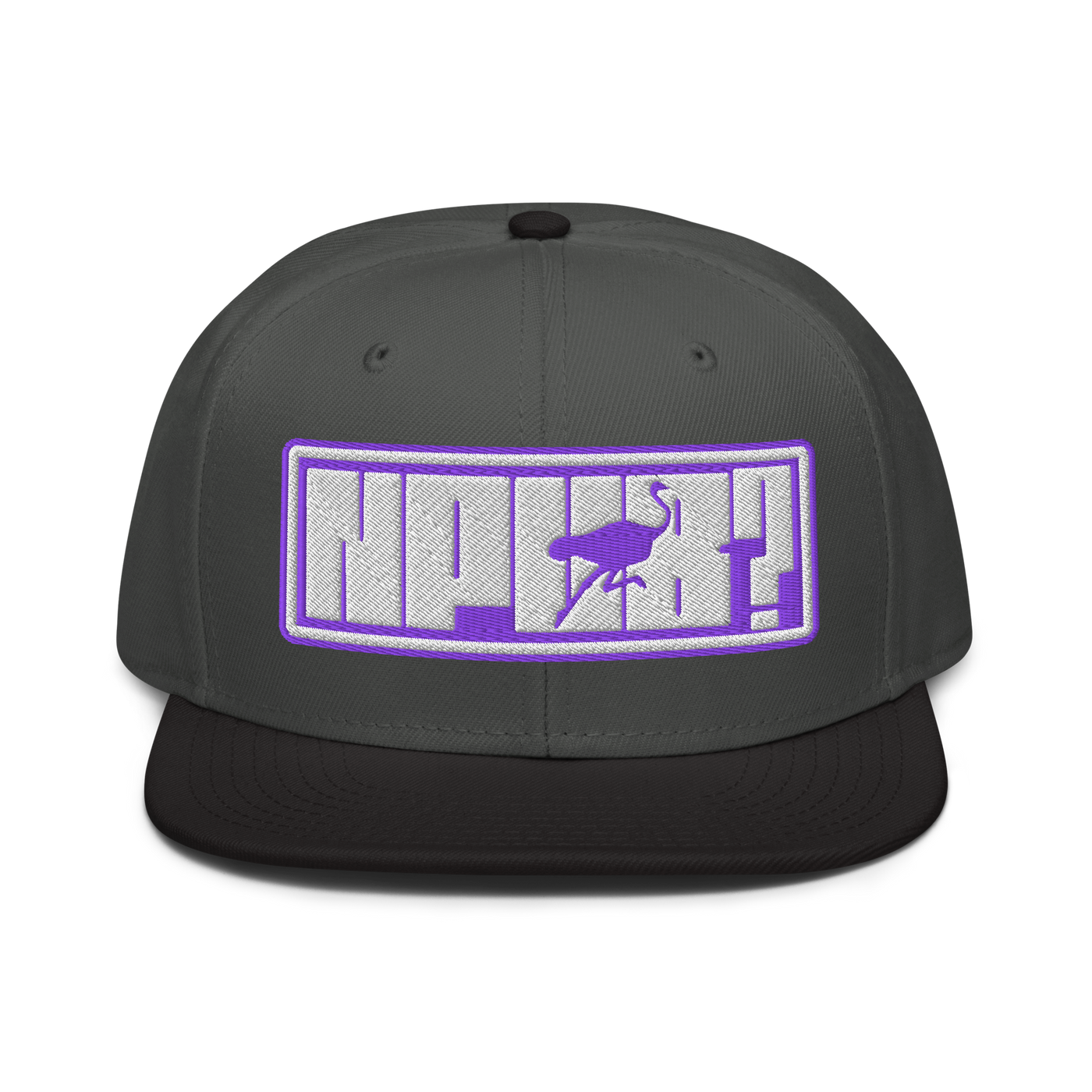 nPub? nostr snapback hat in Black / Charcoal gray / Charcoal gray, front view.