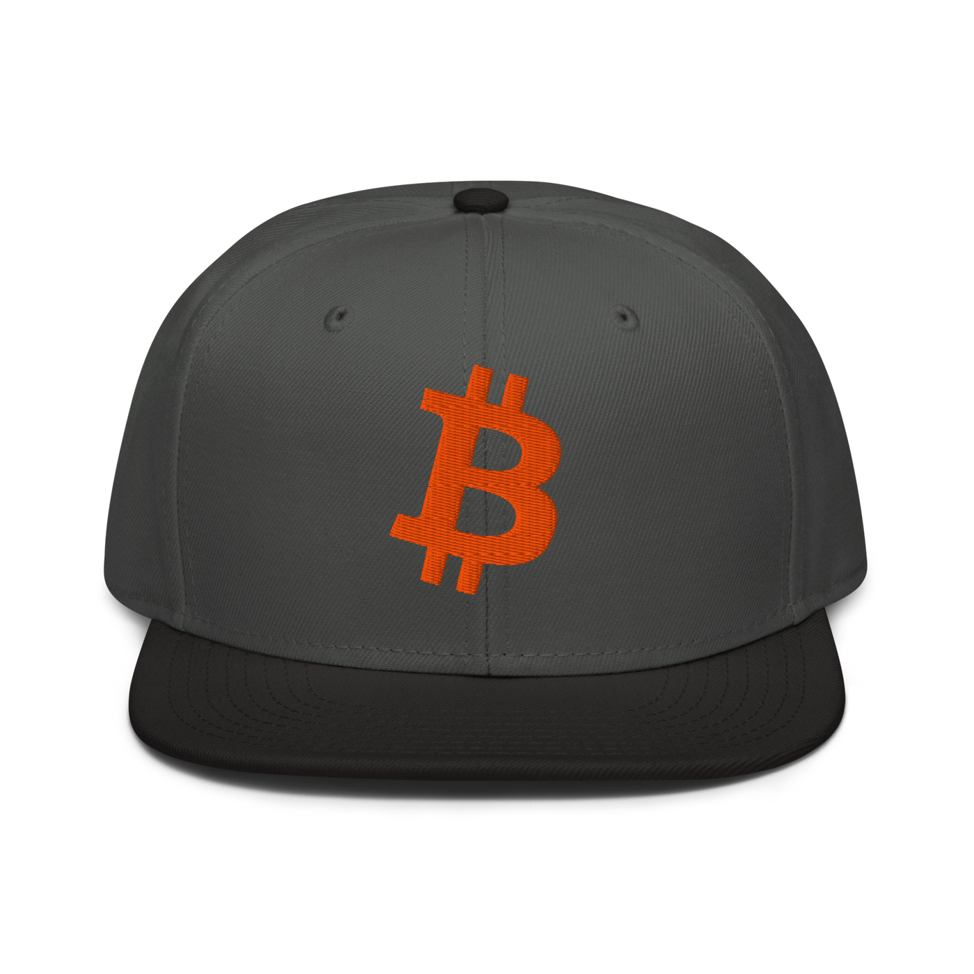 Bitcoin B bitcoin snapback hat in Black / Charcoal gray / Charcoal gray, front view.