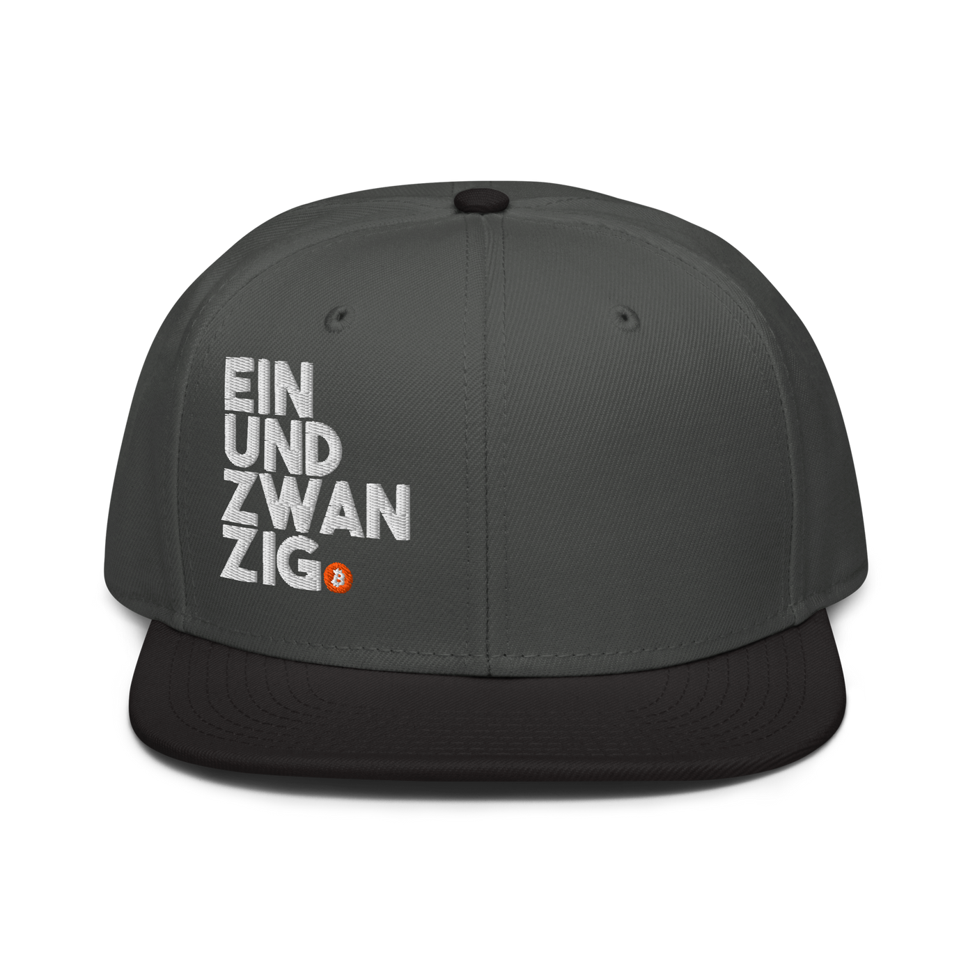 Einundzwanzig bitcoin snapback hat in Black / Charcoal gray / Charcoal gray, front view.