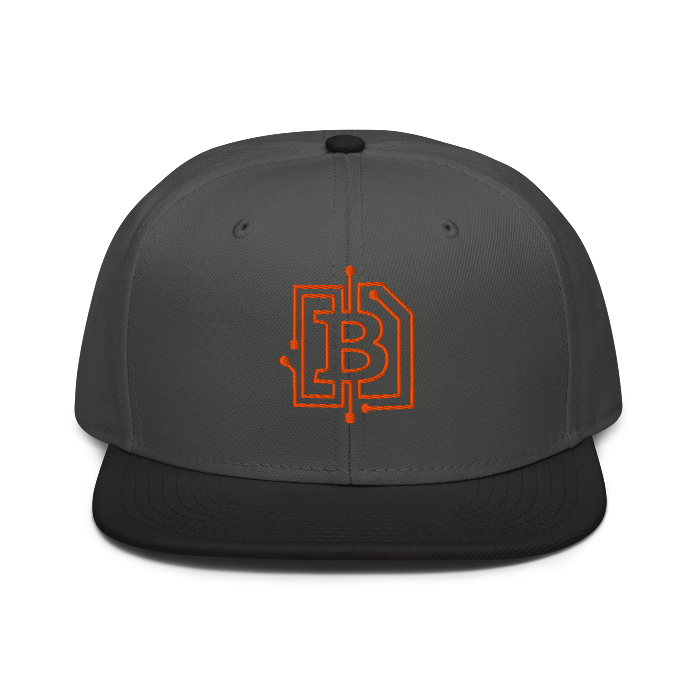 Circuit Board bitcoin snapback hat in Black / Charcoal gray / Charcoal gray, front view.