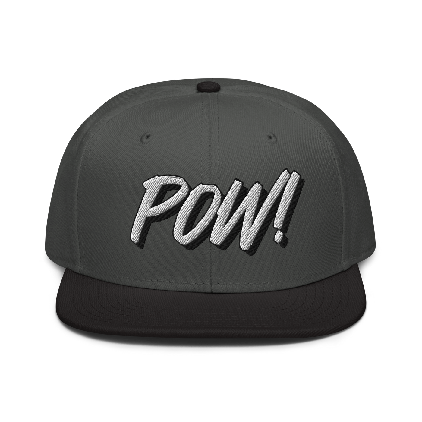 POW! Bitcoin-Snapback-Cap in Schwarz / Anthrazitgrau, Vorderansicht.