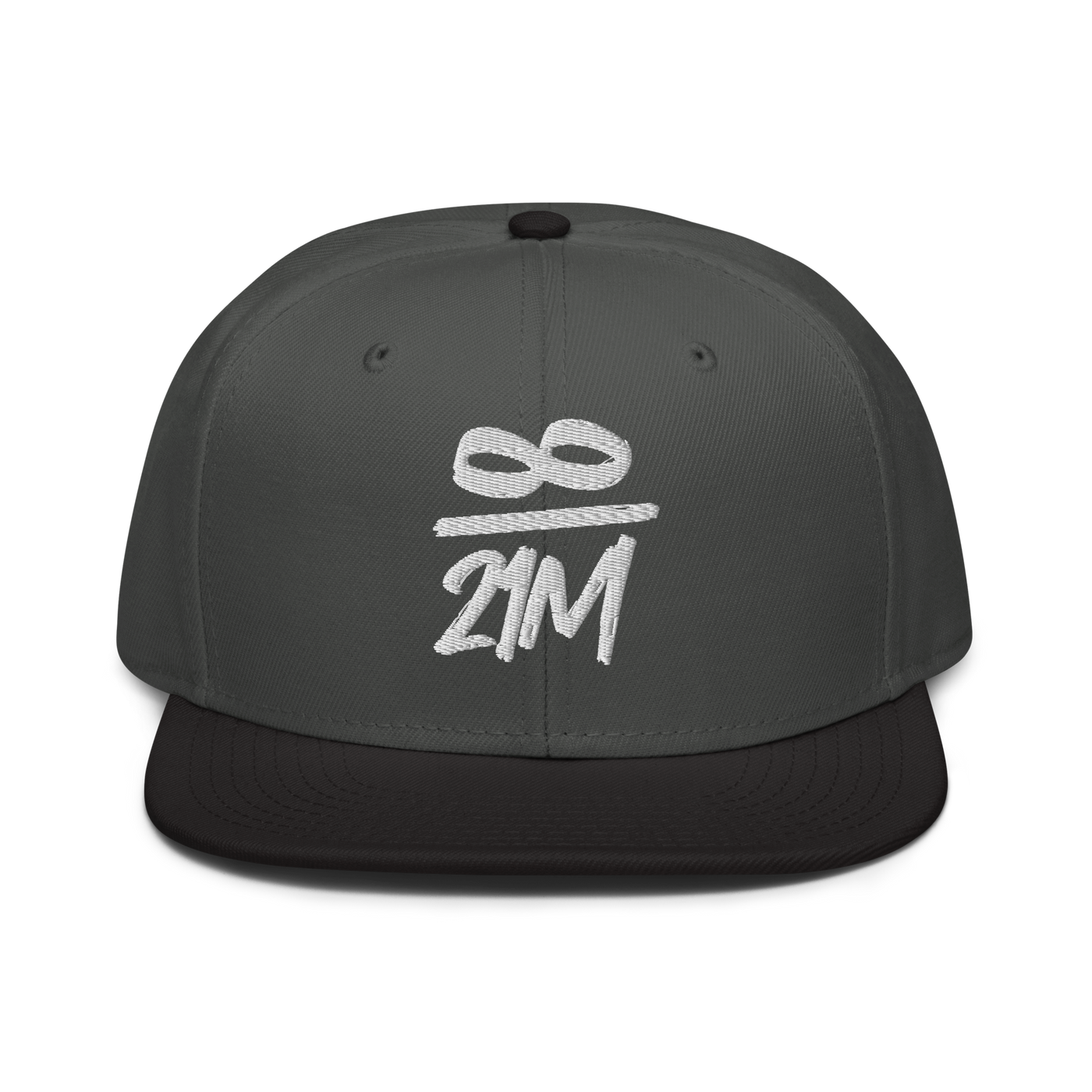 Infinity / 21M bitcoin snapback hat in Black / Charcoal gray / Charcoal gray, front view.