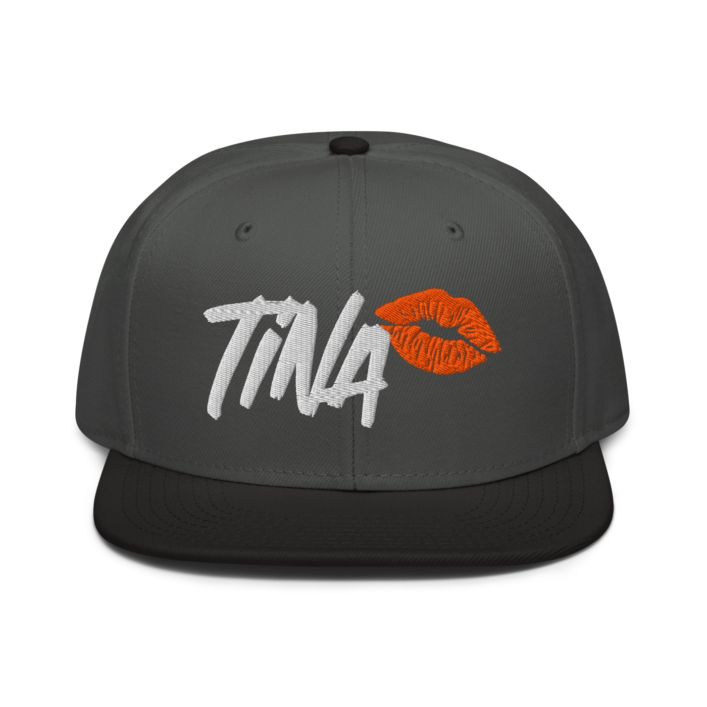 TINA bitcoin snapback hat in Black / Charcoal gray / Charcoal gray, front view.