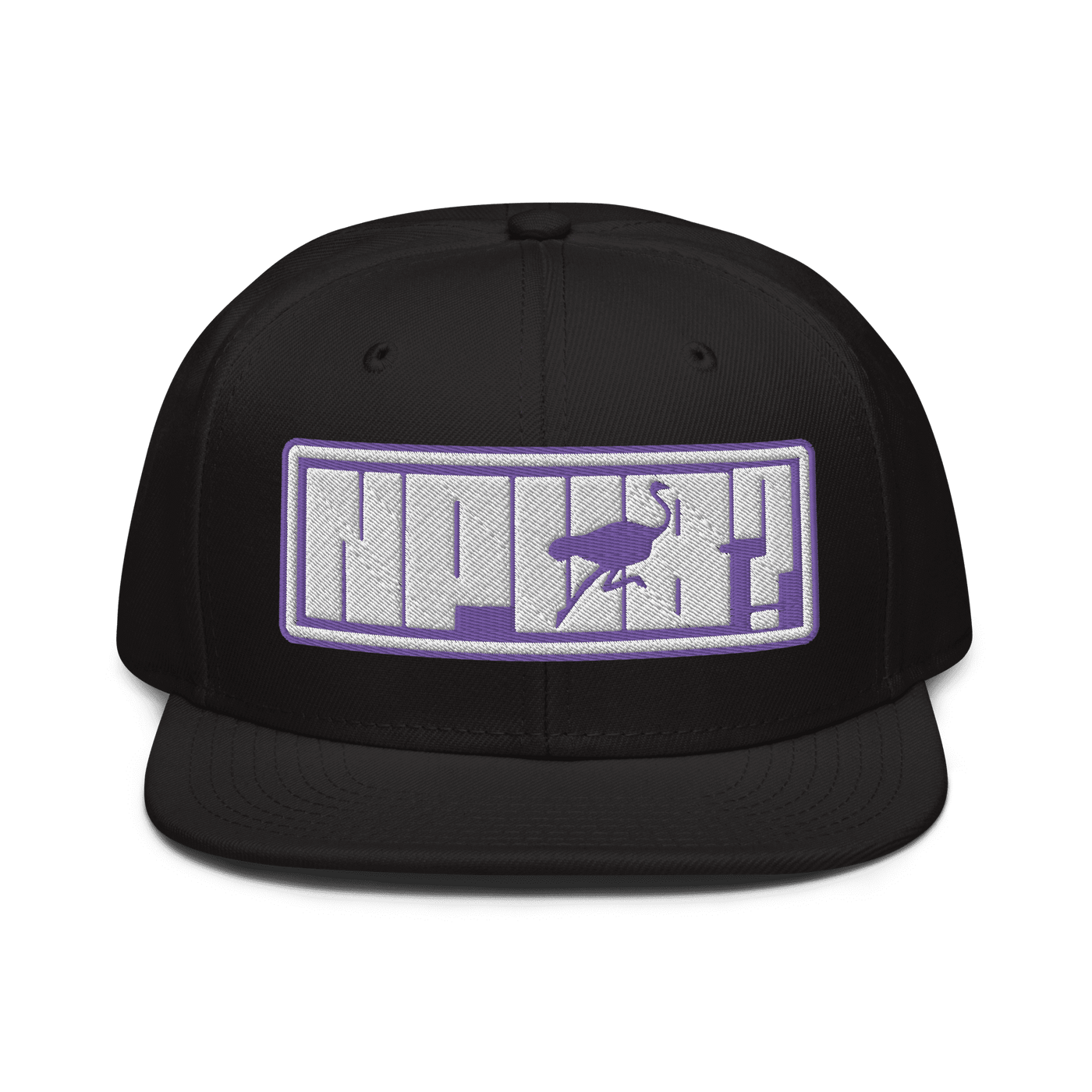 Black structured nPub Nostr snapback hat with flat visor and grey under visor