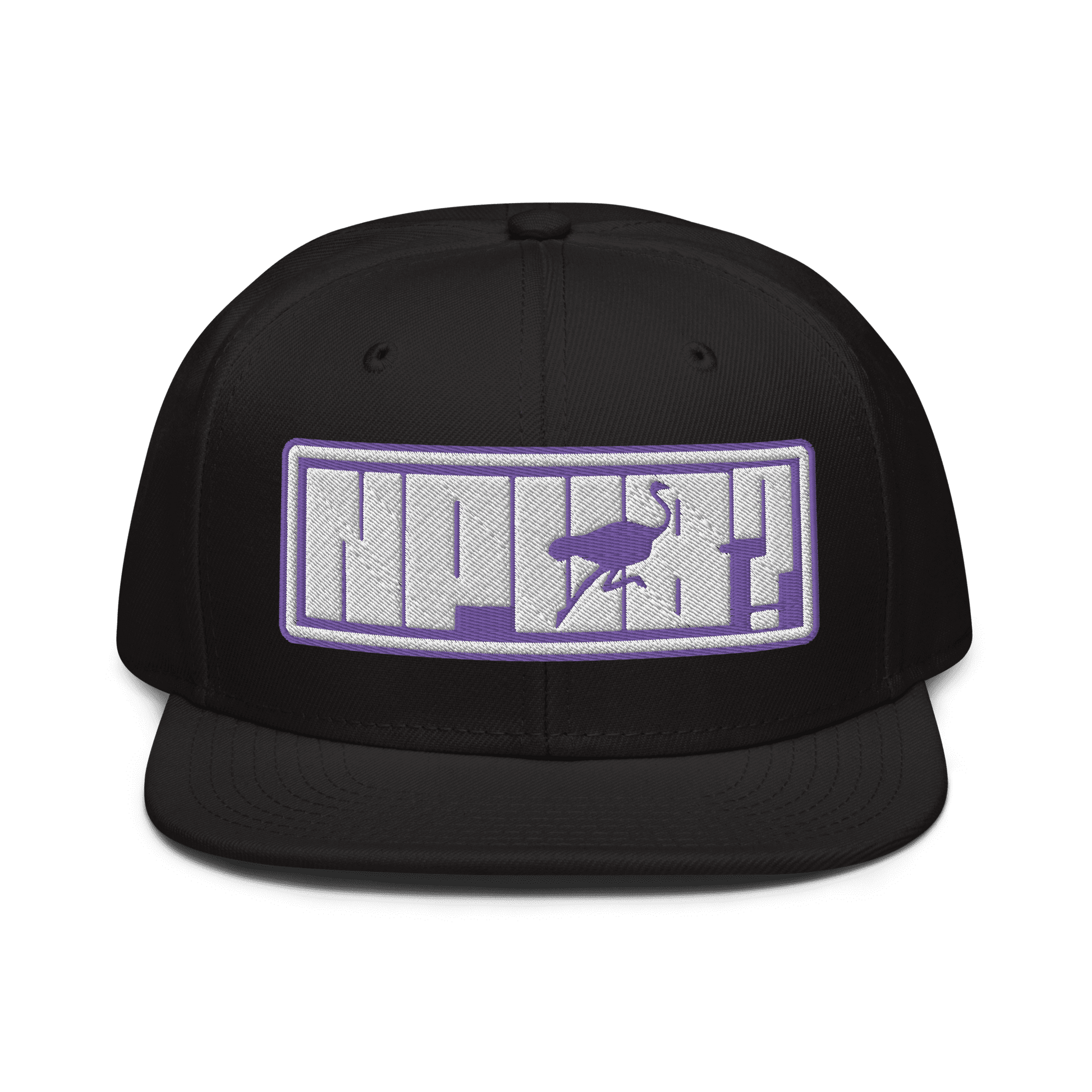 Front view of a black nostr snapback hat.