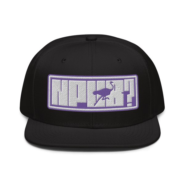 Black structured nPub Nostr snapback hat with flat visor and grey under visor