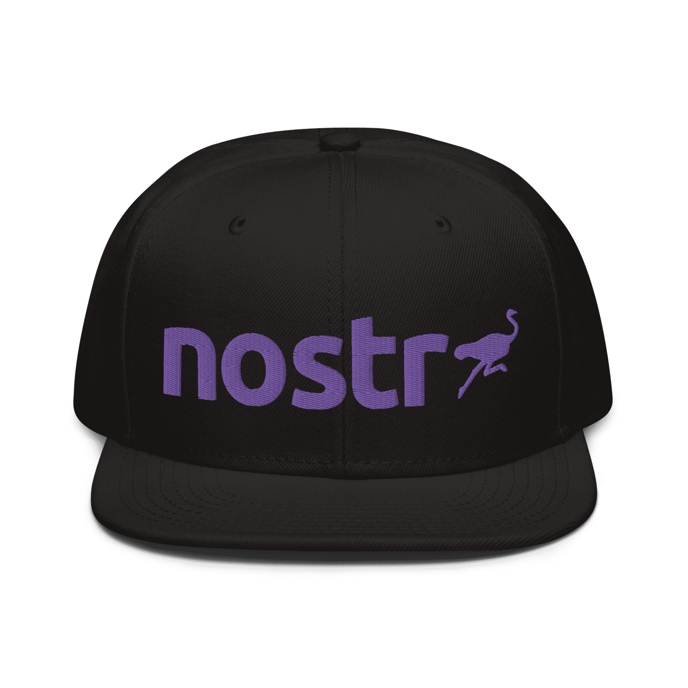 Black Nostr snapback hat with flat grey under visor and structured high-profile design