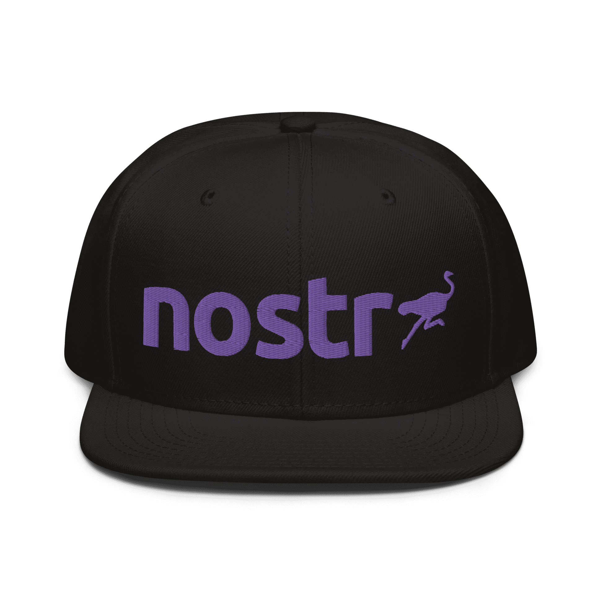 Front view of a black nostr snapback hat.