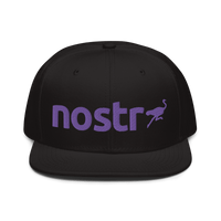 Black Nostr snapback hat with flat grey under visor and structured high-profile design