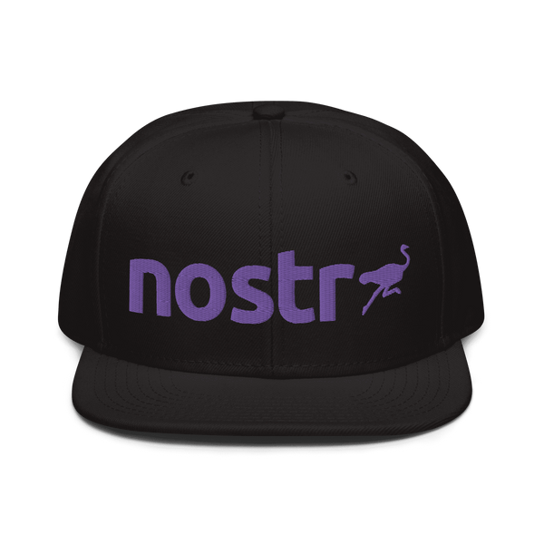 Black Nostr snapback hat with flat grey under visor and structured high-profile design