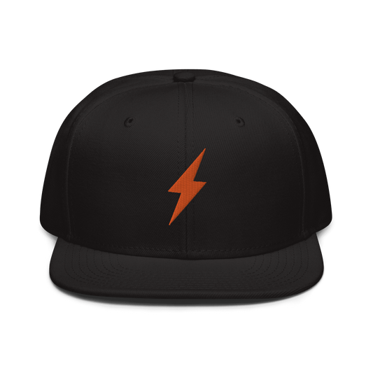 Front view of a black bitcoin snapback hat.