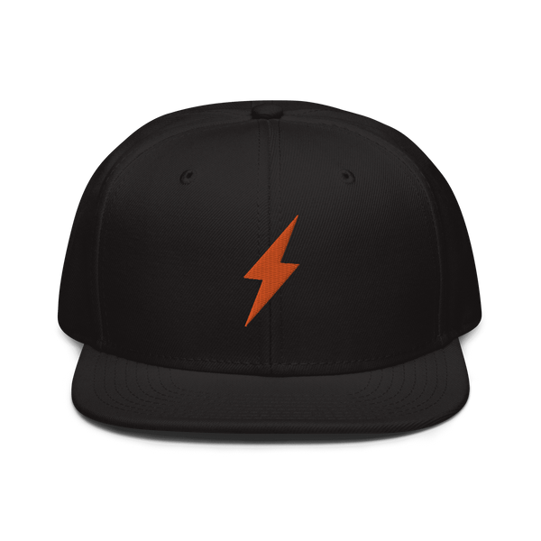 Black Bitcoin snapback hat with Lightning payment protocol logo and grey under visor