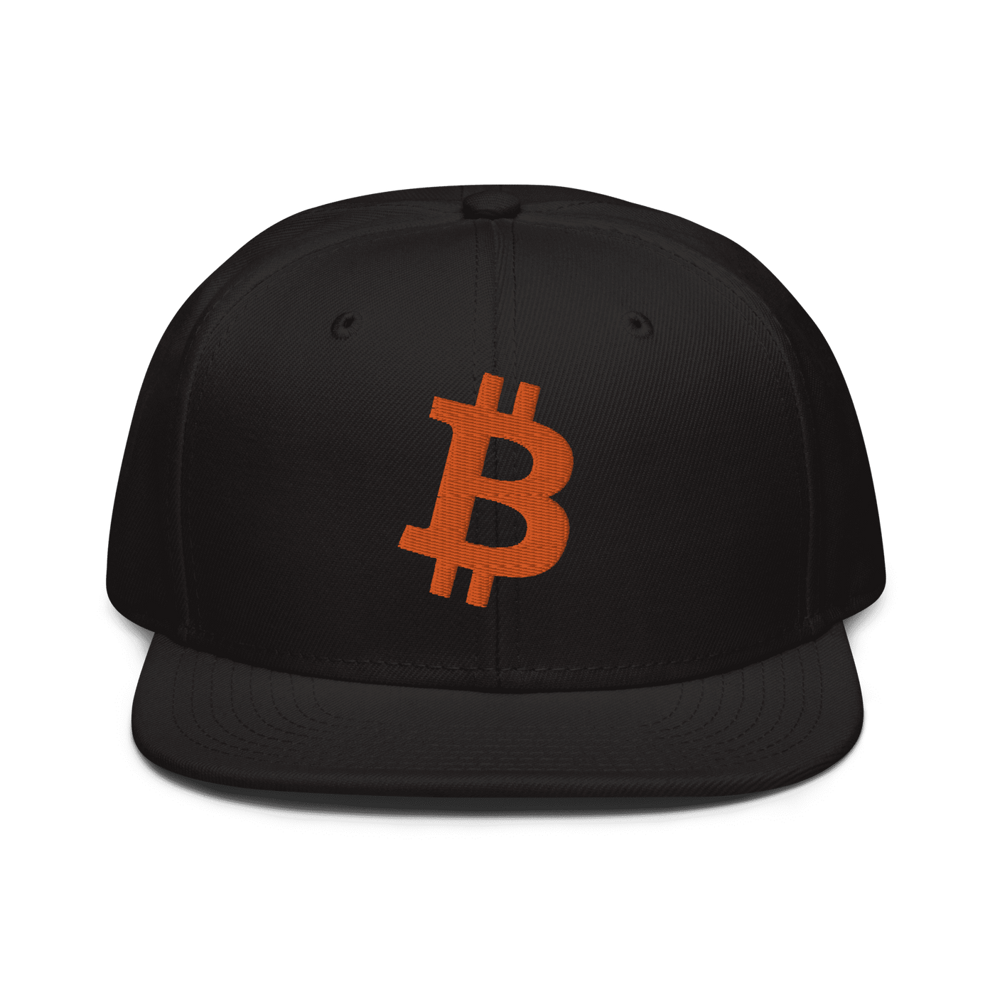 Black Bitcoin B snapback hat with flat grey under visor and plastic snap closure