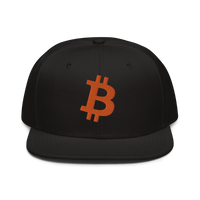 Black Bitcoin B snapback hat with flat grey under visor and plastic snap closure