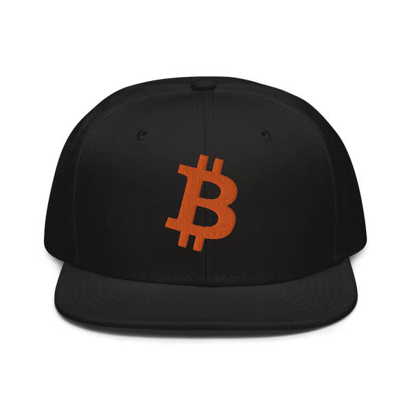 Black Bitcoin B snapback hat with flat grey under visor and plastic snap closure