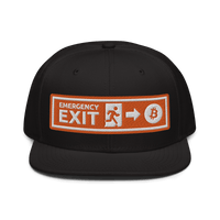 Black Bitcoin snapback hat with "Emergency Exit" design and flat visor
