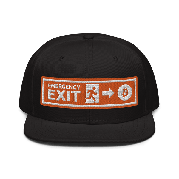 Black Bitcoin snapback hat with "Emergency Exit" design and flat visor