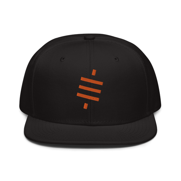 Black bitcoin snapback hat featuring the sats symbol embroidered on front with flat visor and grey under visor