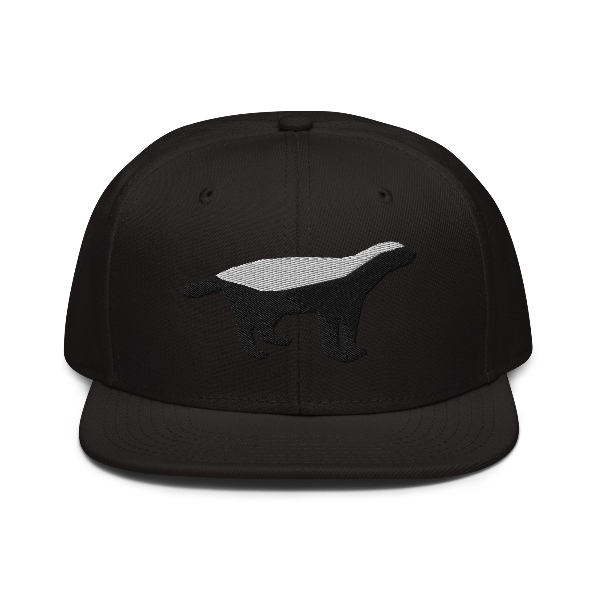 Front view of a black bitcoin snapback hat.