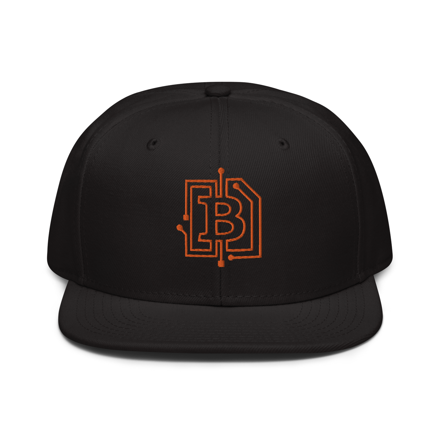 Front view of a black bitcoin snapback hat.