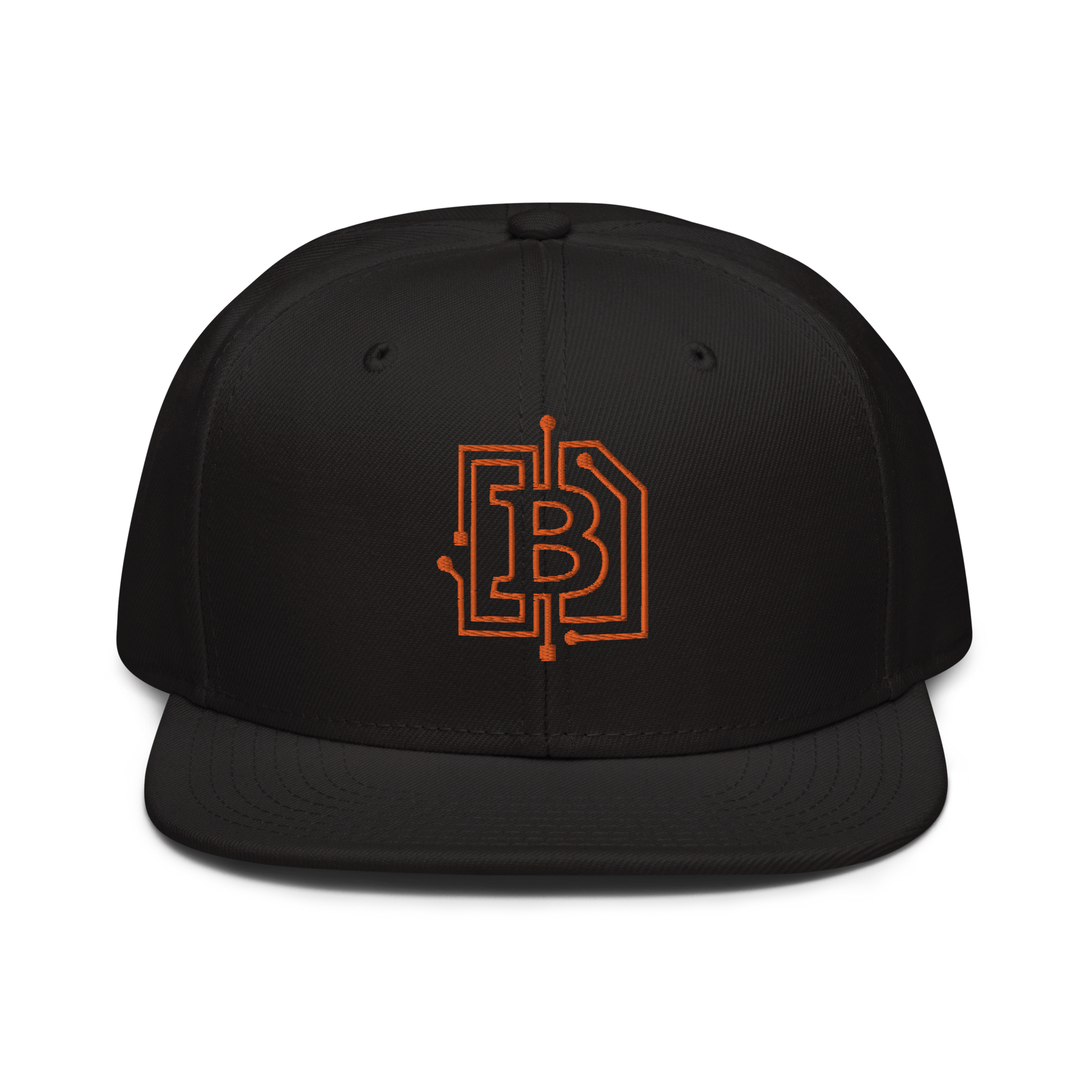 Front view of a black bitcoin snapback hat.