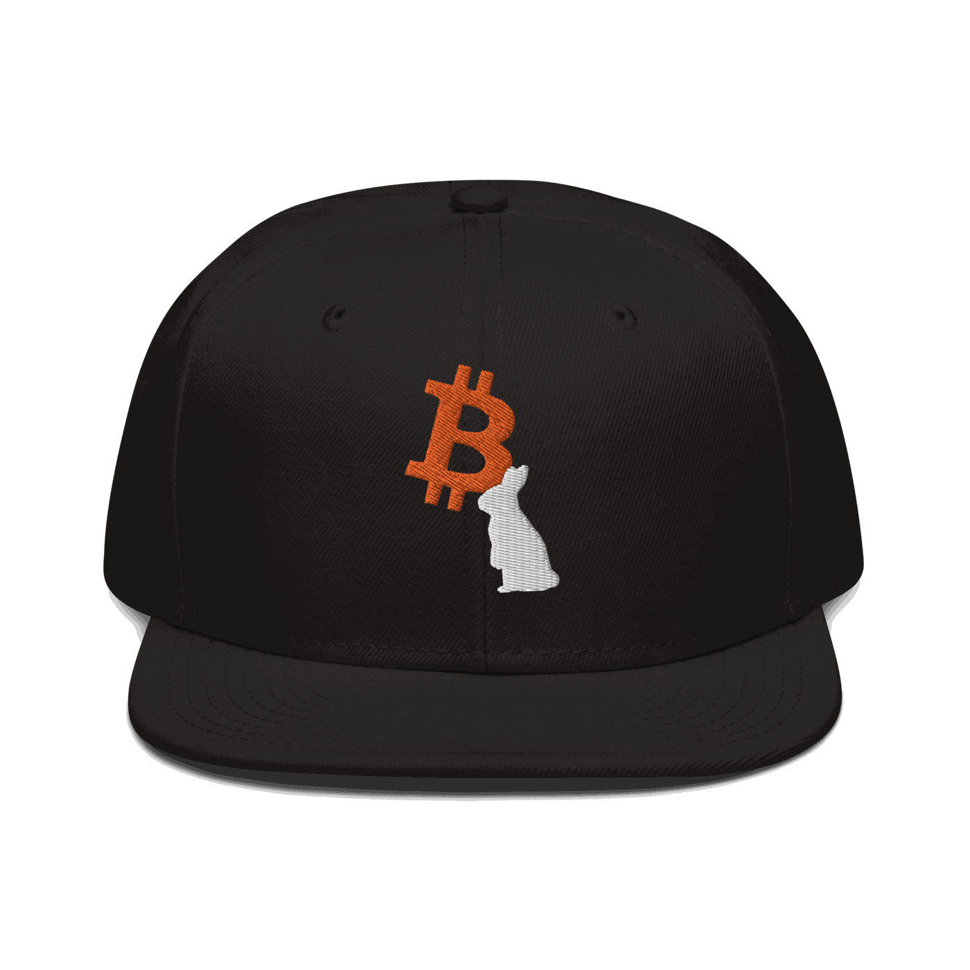 Black Bitcoin snapback hat with white rabbit embroidery and flat visor