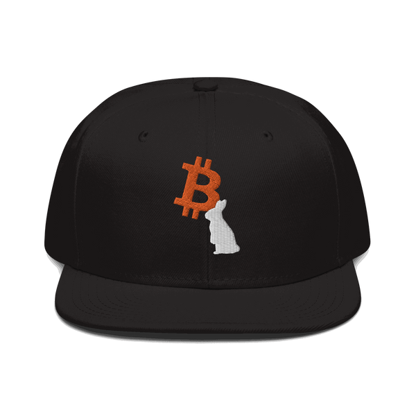 Black Bitcoin snapback hat with white rabbit embroidery and flat visor