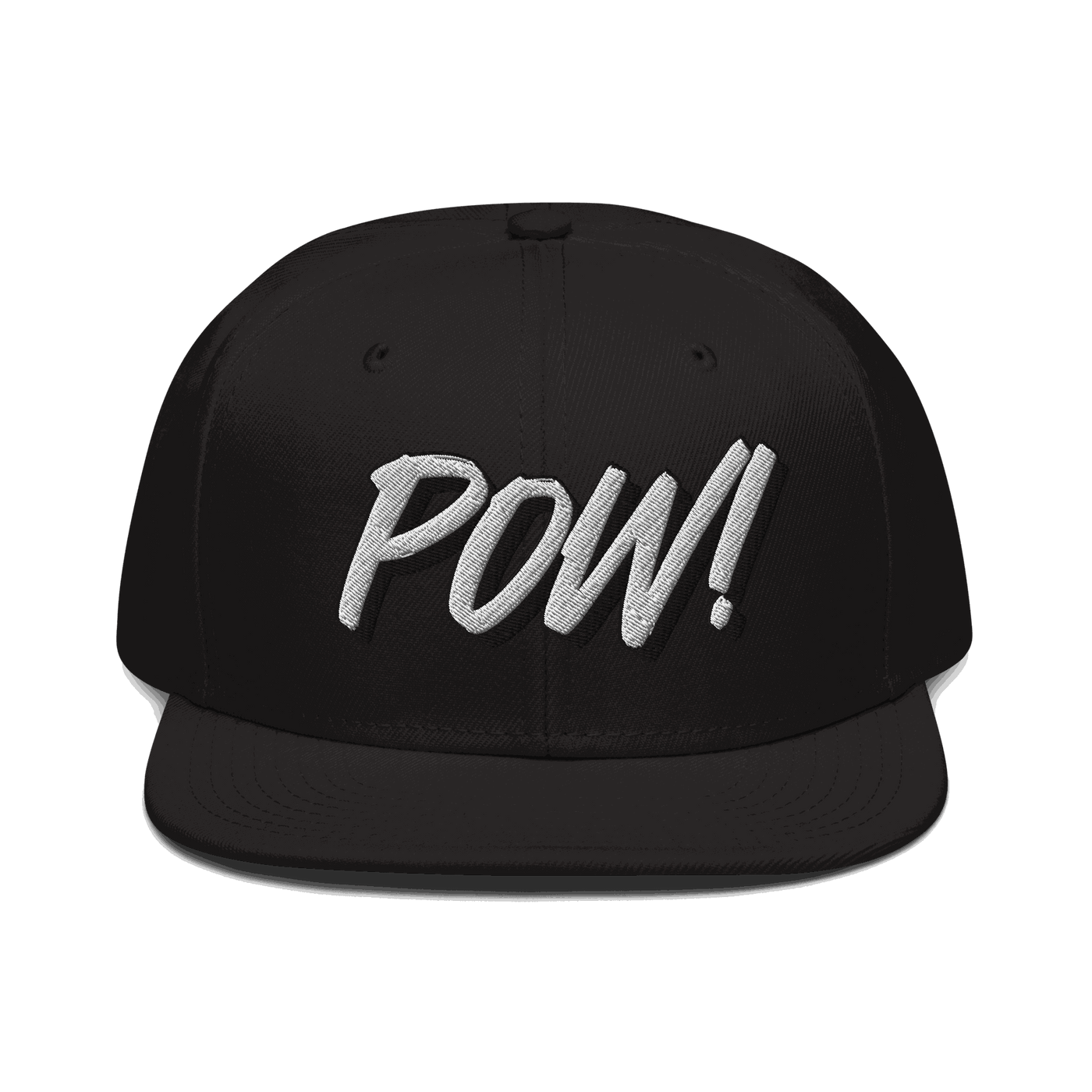 Structured black Bitcoin snapback hat with flat visor and grey under visor showcasing proof of work design