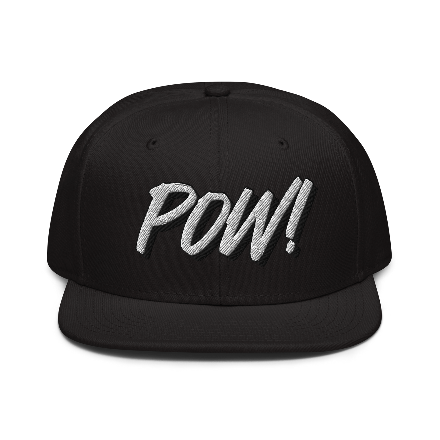 Front view of a black bitcoin snapback hat.