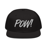 Structured black Bitcoin snapback hat with flat visor and grey under visor showcasing proof of work design