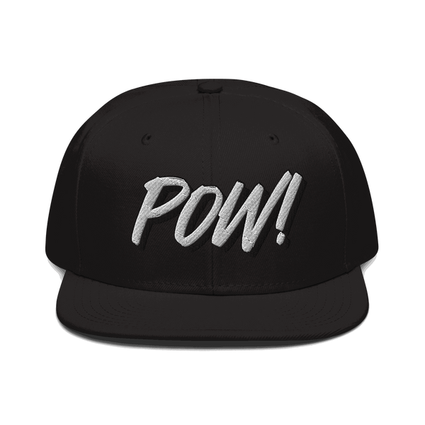 Structured black Bitcoin snapback hat with flat visor and grey under visor showcasing proof of work design