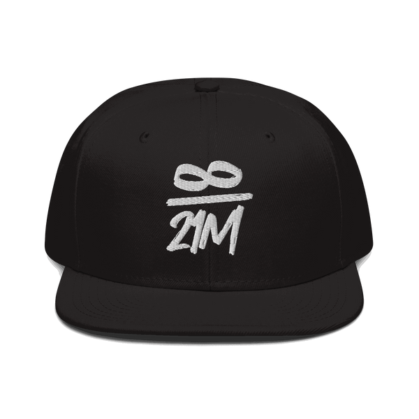 Structured black Bitcoin snapback hat with flat visor and grey under visor, adjustable size.