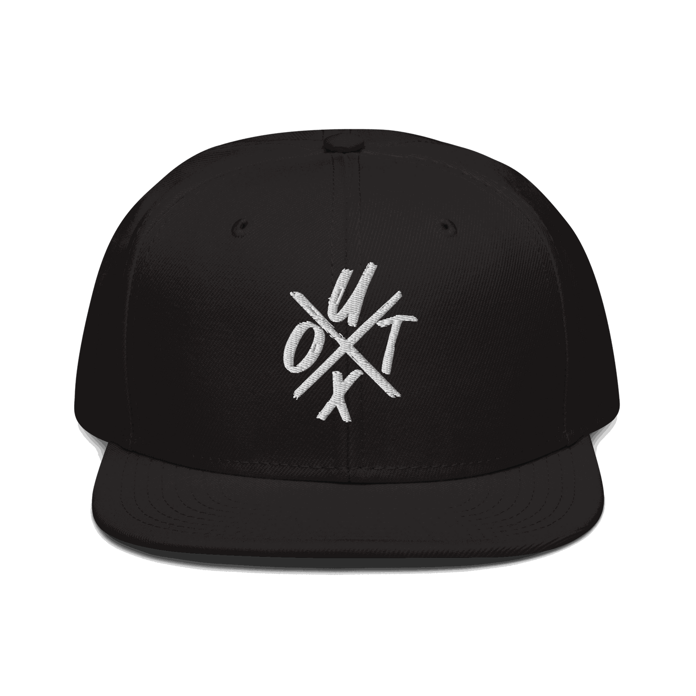 Black Bitcoin snapback hat with UTXO management design and grey under visor