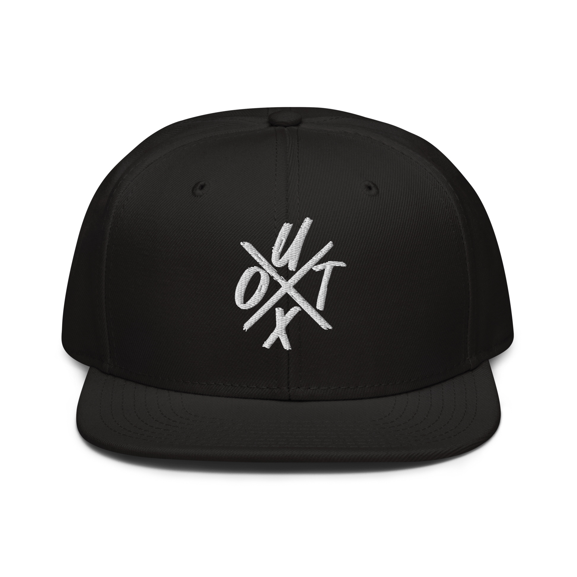 Front view of a black bitcoin snapback hat.Front view of a black bitcoin snapback hat.