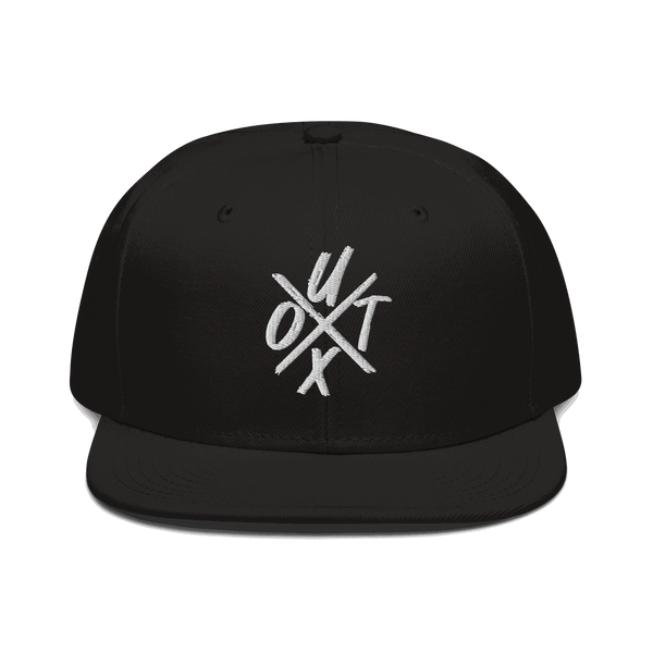 Black Bitcoin snapback hat with UTXO management design and grey under visor