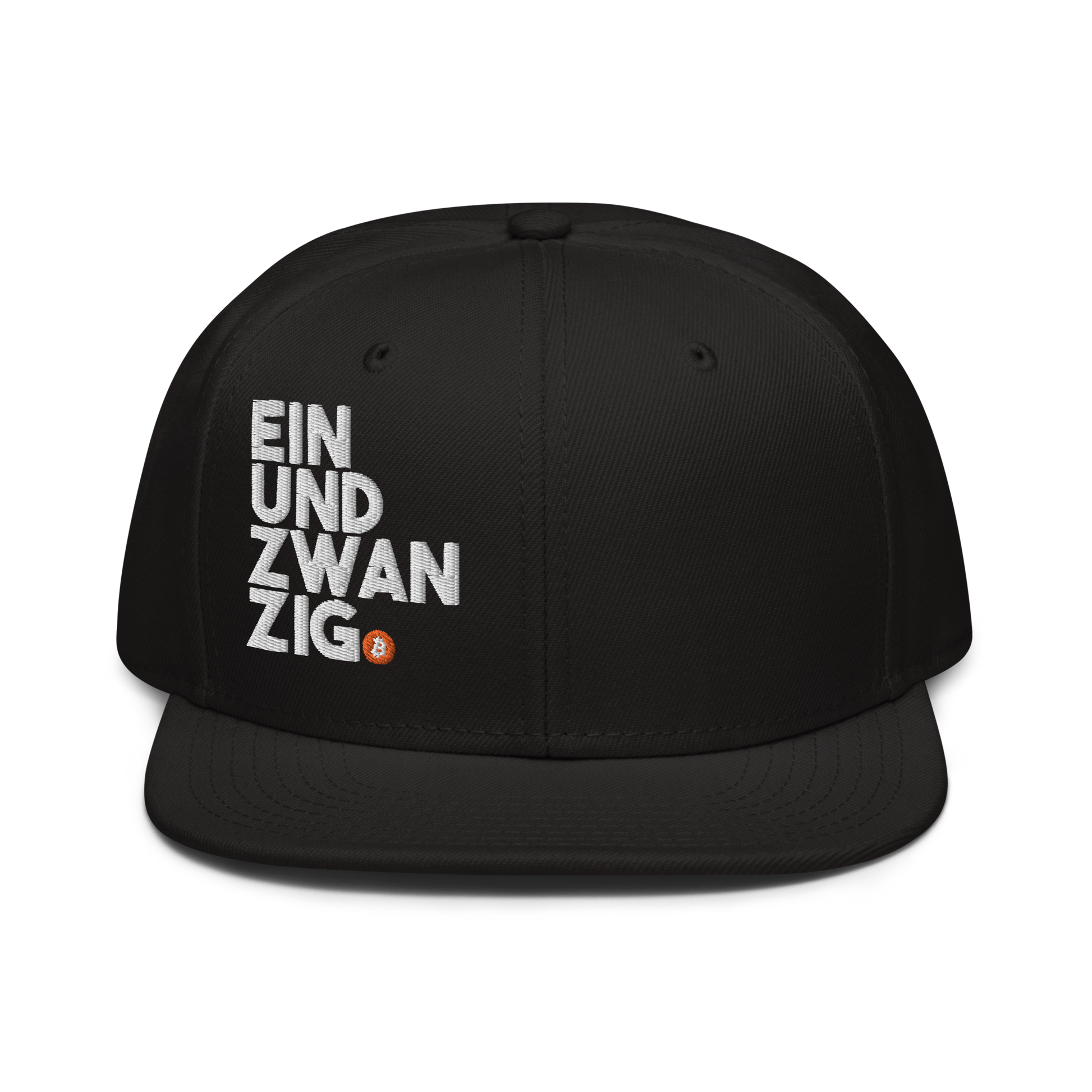 Front view of a black bitcoin snapback hat.