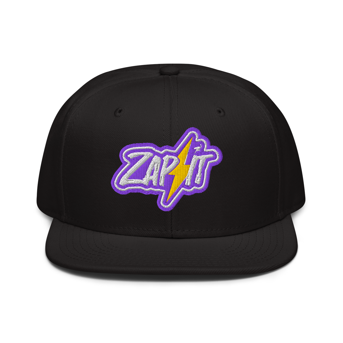 Zap It nostr snapback hat, front view: an embroidered patch with a purple border reading Zap it, split by a yellow lightning bolt, on a snapback with a flat brim.