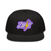 Zap It nostr snapback hat, front view: an embroidered patch with a purple border reading Zap it, split by a yellow lightning bolt, on a snapback with a flat brim.