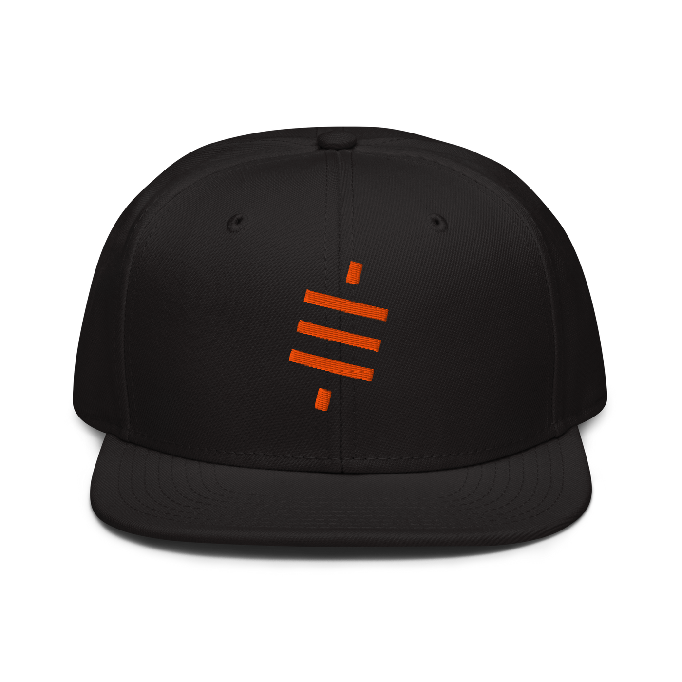 Sats Symbol bitcoin snapback hat, front view: the orange sats symbol embroidered on the front, three diagonal bars crossed by a vertical stroke, on a snapback with a flat brim.