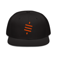 Sats Symbol bitcoin snapback hat, front view: the orange sats symbol embroidered on the front, three diagonal bars crossed by a vertical stroke, on a snapback with a flat brim.