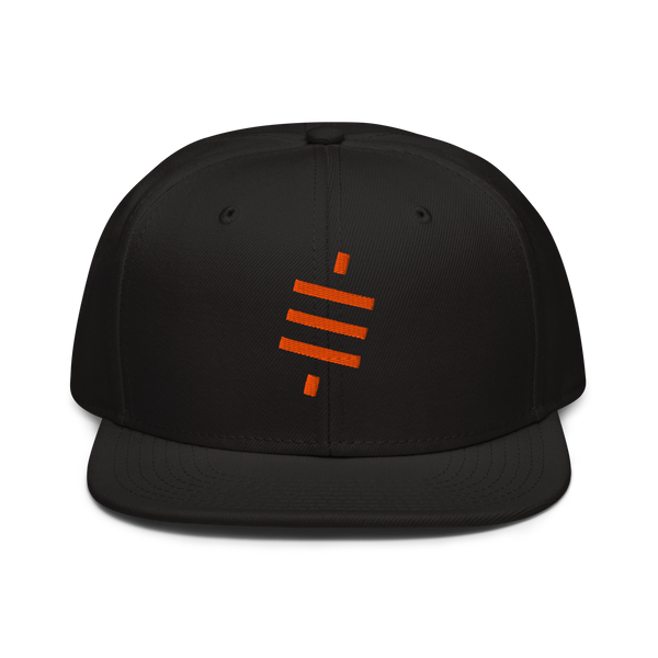 Sats Symbol bitcoin snapback hat, front view: the orange sats symbol embroidered on the front, three diagonal bars crossed by a vertical stroke, on a snapback with a flat brim.